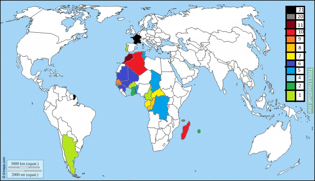 World map of countries by number of french-born frenchmen in their national team, as of the last game