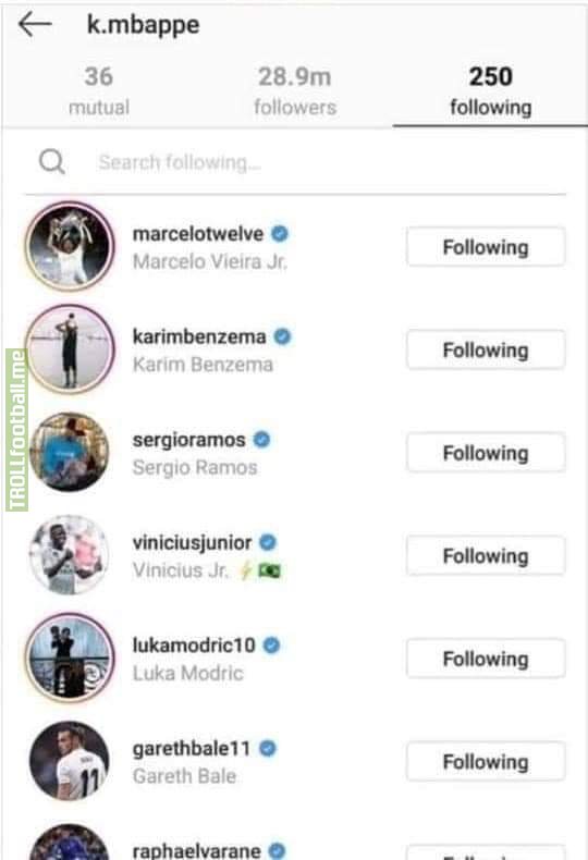 Kylian Mbappe started to follow most of Real Madrid players