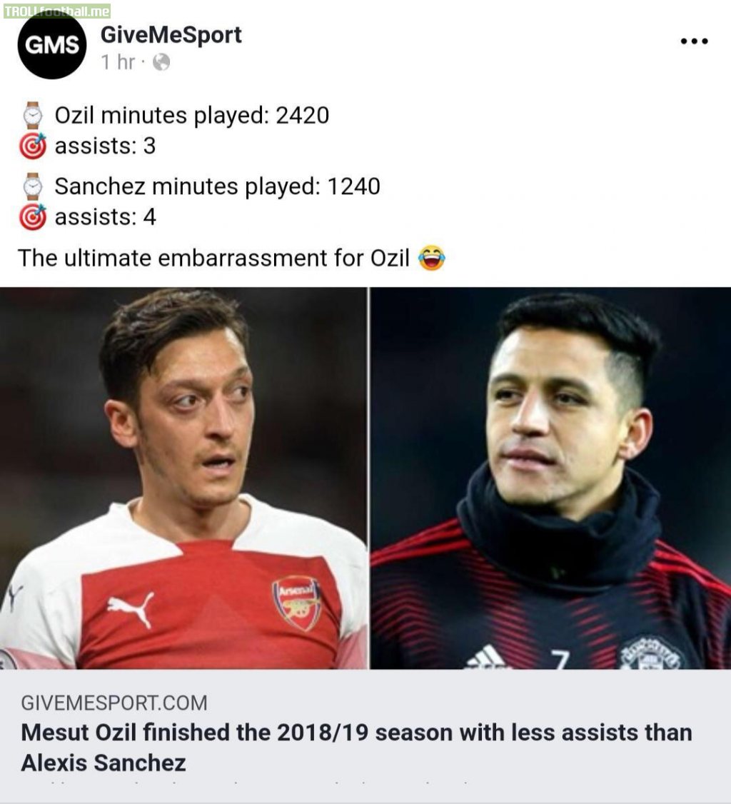 Mesult Ozil has finished the season with fewer assists than Alexis Sanchez