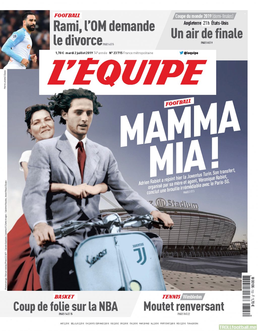 L'equipe frontpage today : "Mamma Mia"