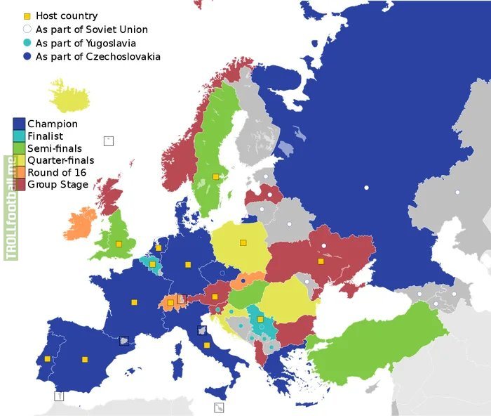 The highest ranking of each European country at the European Championship (Grey= Never Qualified)