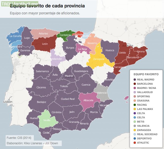 Most Supported Football Clubs in Spain by Region