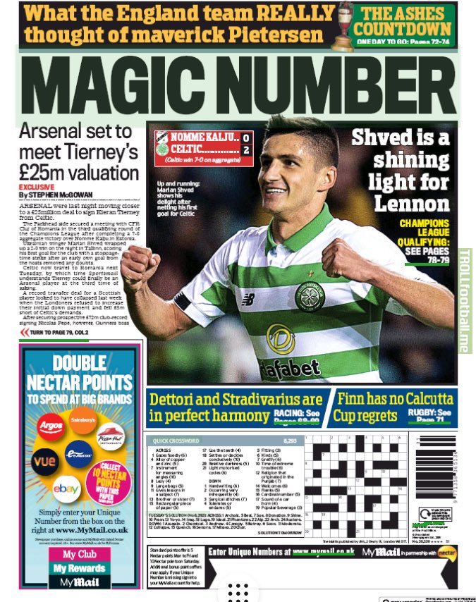 Stephen McGowan: Arsenal are set to meet Celtic’s £25m valuation for Kieran Tierney. Clubs were moving closer to agreeing a deal last night. It’s understood that by the time Celtic travel to Romania next Tuesday, Tierney could finally be a Gunner.