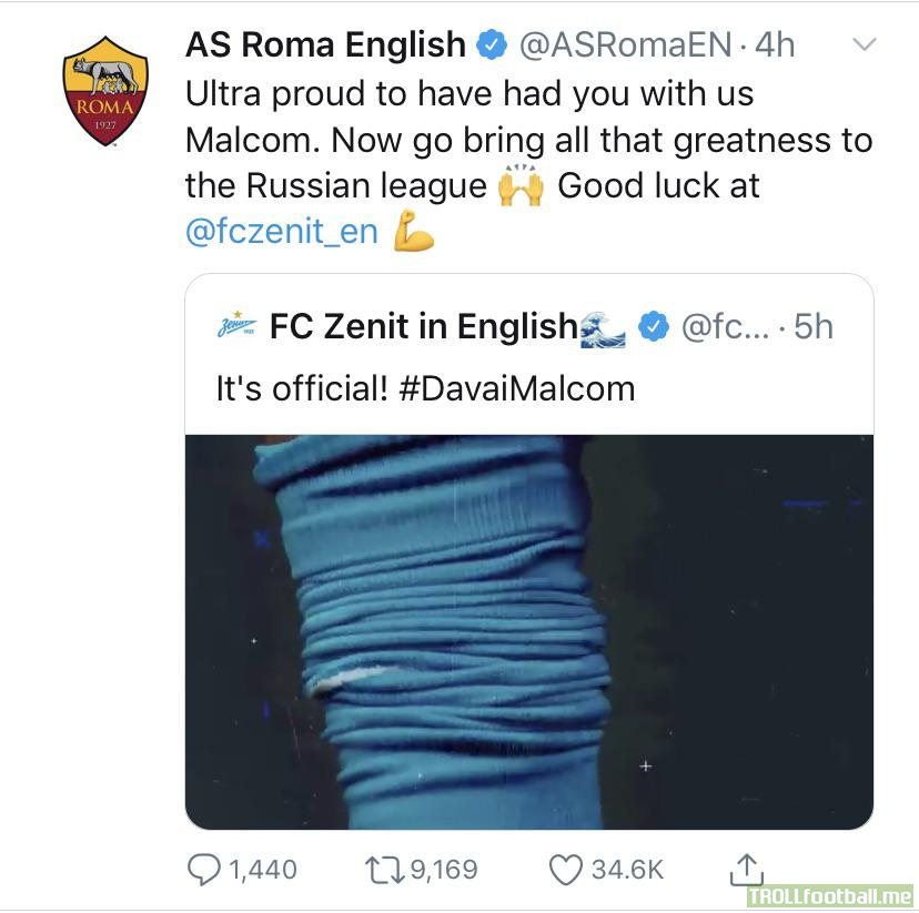 Roma twitter account respond to Zenit Malcolm announcement.