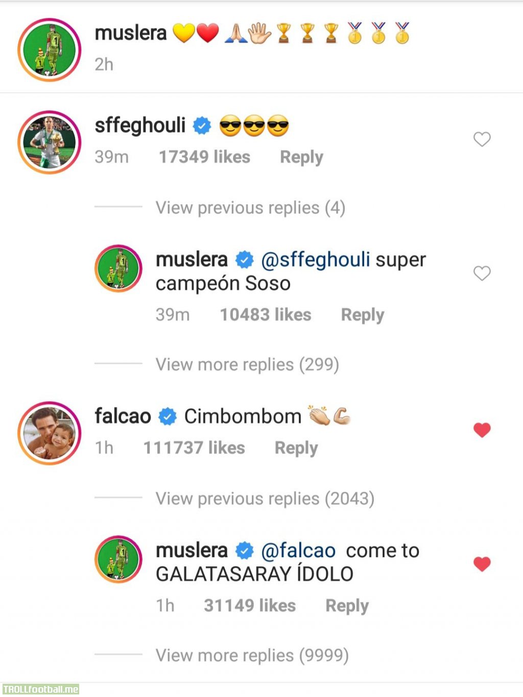 Falcao comments "Cimbombom" (GS Cheer) on Muslera's post