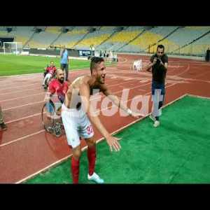 Ramadan Sobhi celebrates with Al Ahly fans after winning the league