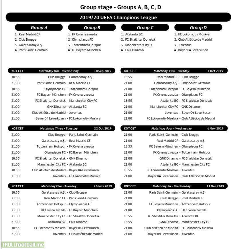 [UCL 2019/20] Group Stage Schedule: PSG-Real Madrid, Atletico-Juventus, Dortmund-Barcelona, Napoli-Liverpool, Chelsea-Valencia on matchday 1