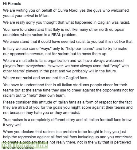 Inter Milan's Curva Nord (ultras) have written a letter to their team's player - Romelu Lukaku regarding the Cagliari's monkey chants towards the striker on Sunday...  Yes. This is actually real.   (Facebook page: L'urlo della Nord)