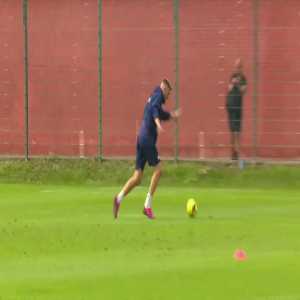 Nicklas Bendtner shows off his finishing skills in one of his first training sessions for FC Copenhagen