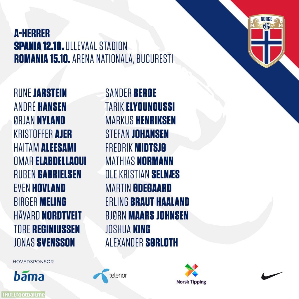 Norways team for the upcoming games against Romania and Spain