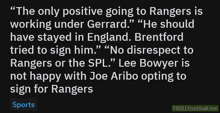 Since joining Rangers from Charlton, Joe Aribo has made his debut for Nigeria, scored both times he's been capped (v Ukraine and Brazil), become a regular in the Rangers starting 11 and has scored 3 goals in Europe. Do you still think he should've joined Brentford Lee Bowyer?