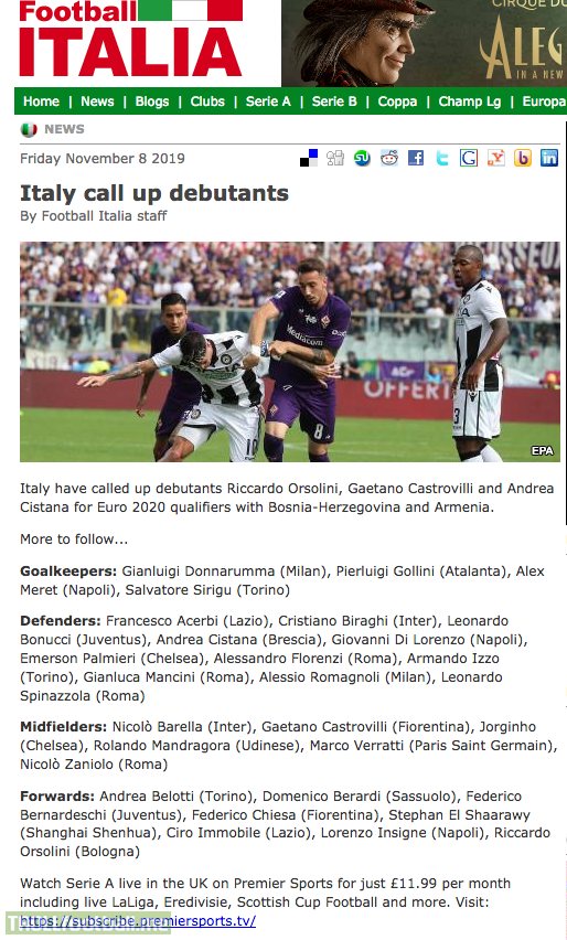 Italy's squad for Qualifers vs Bosnia & Armenia