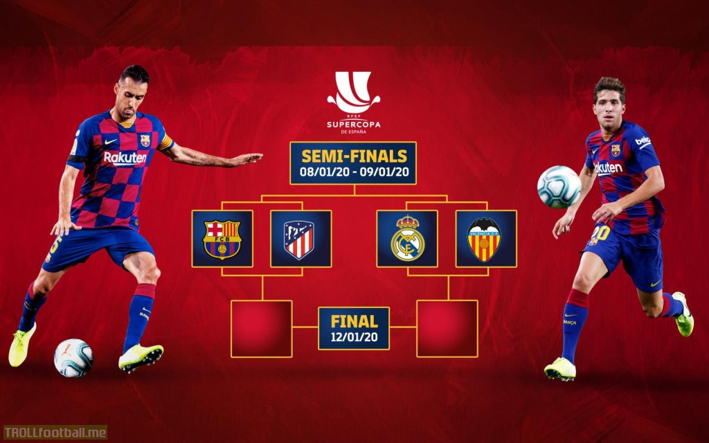 The Spanish supercup semifinal draw: Barcelona vs Atletico Madrid and Real Madrid vs Valencia. Games to be played on January 8th and 9th