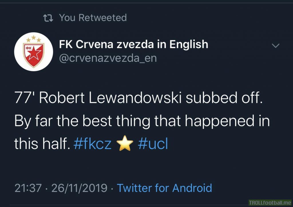Crvena zvezda with the tweet of the night. I guess it’s what all their fans were thinking