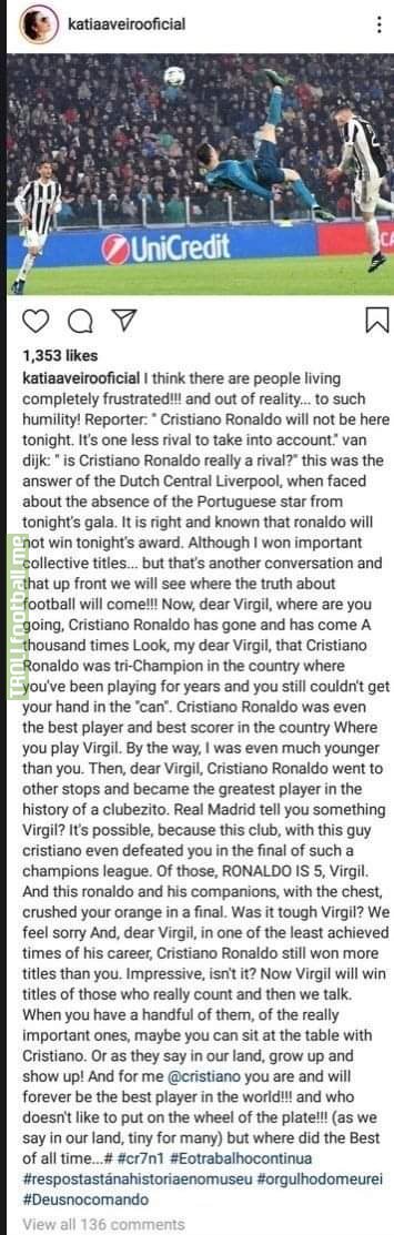 Cristiano's sister responds on Instagram to Van Dijks's comment