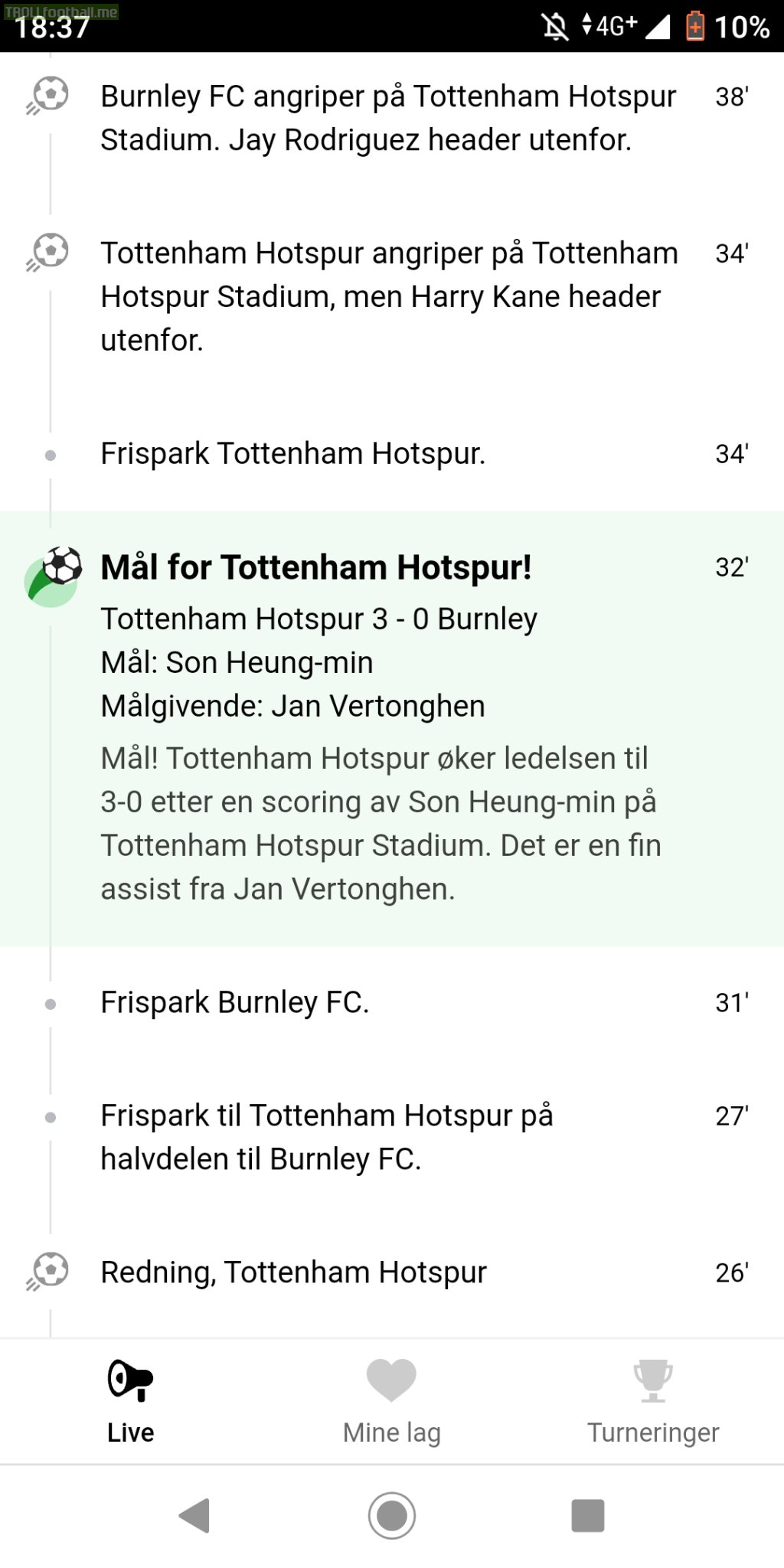 The actual live-feed transcript of Sons 3-0 goal from the biggest newspaper in Norway: Tottenham increases lead as Son scores; nice assist by Vertonghen.