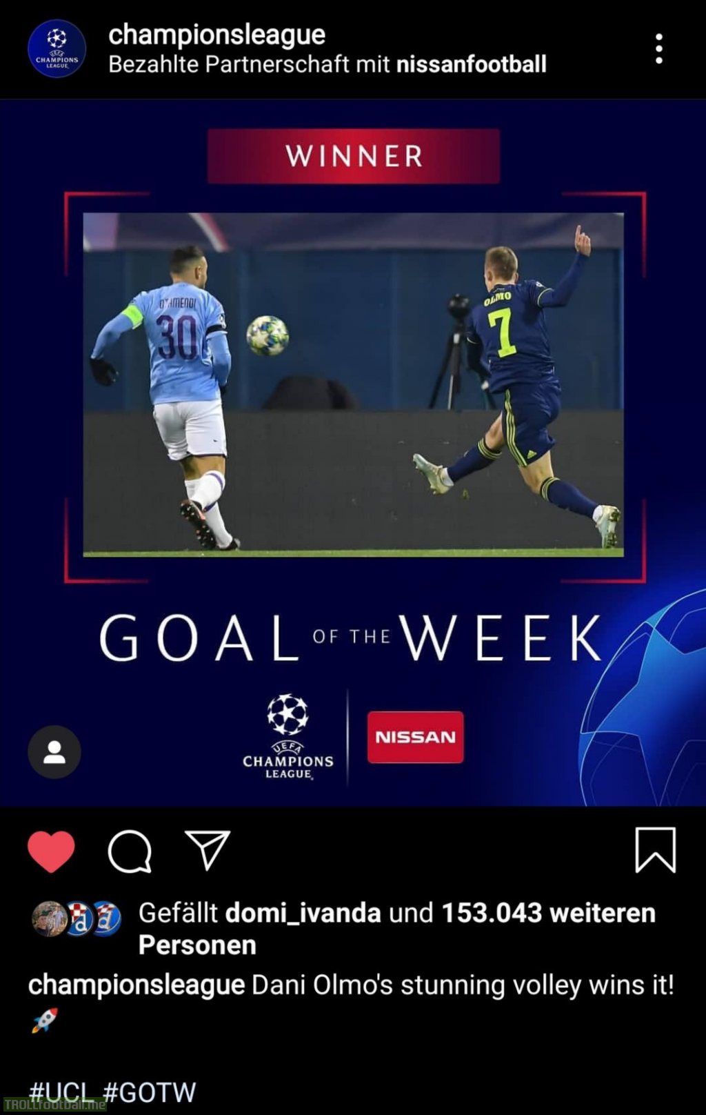 The stunning volley of Dani Olmo against Manchester City got voted as UCL goal of the week