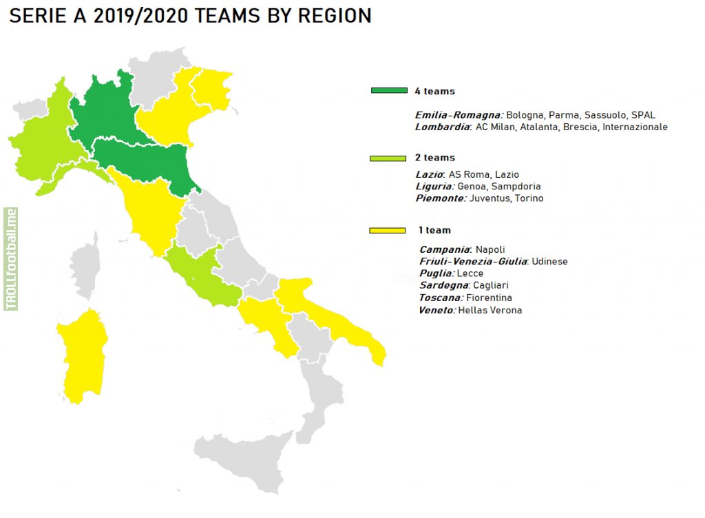 Serie A 2019/2020 teams by region