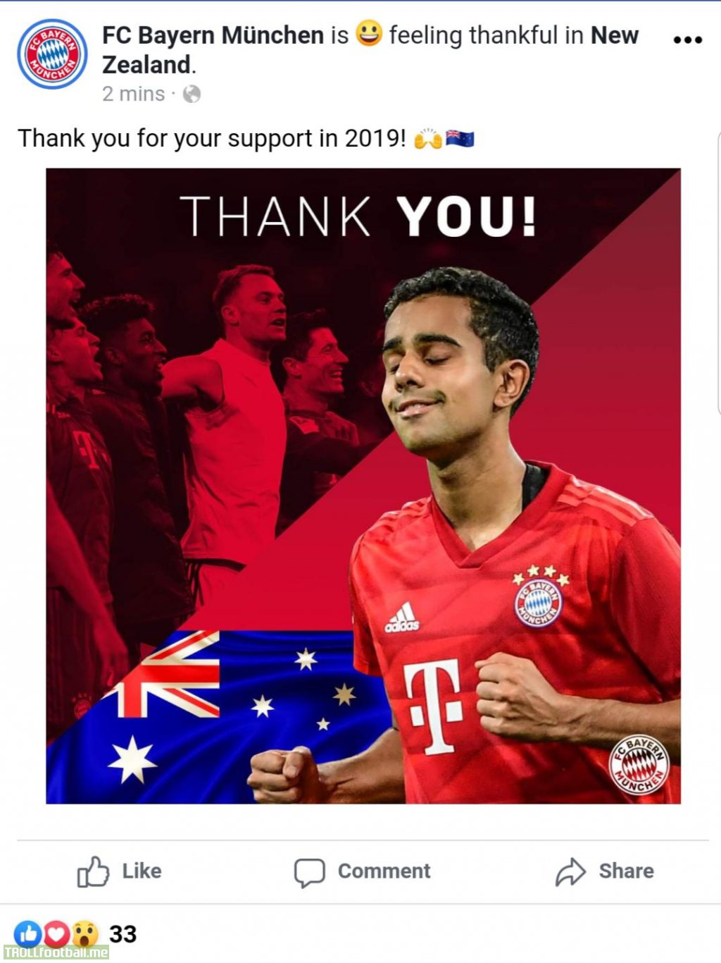 Bayern Munich thanking New Zealand fans for their support with a picture of NZ international Sarpreet Singh... and an Australian flag.