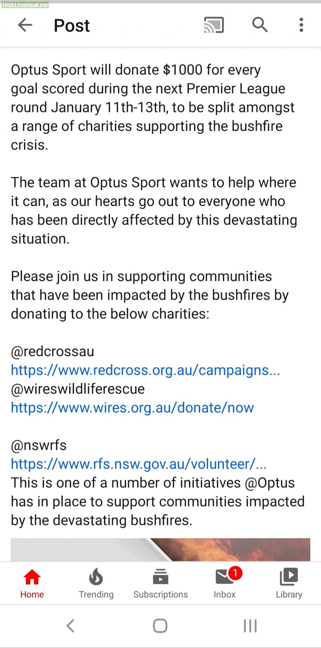 Optus sport will donate 1000$ to Australian bushfire charities for every goal thats scored in the next priemier league round