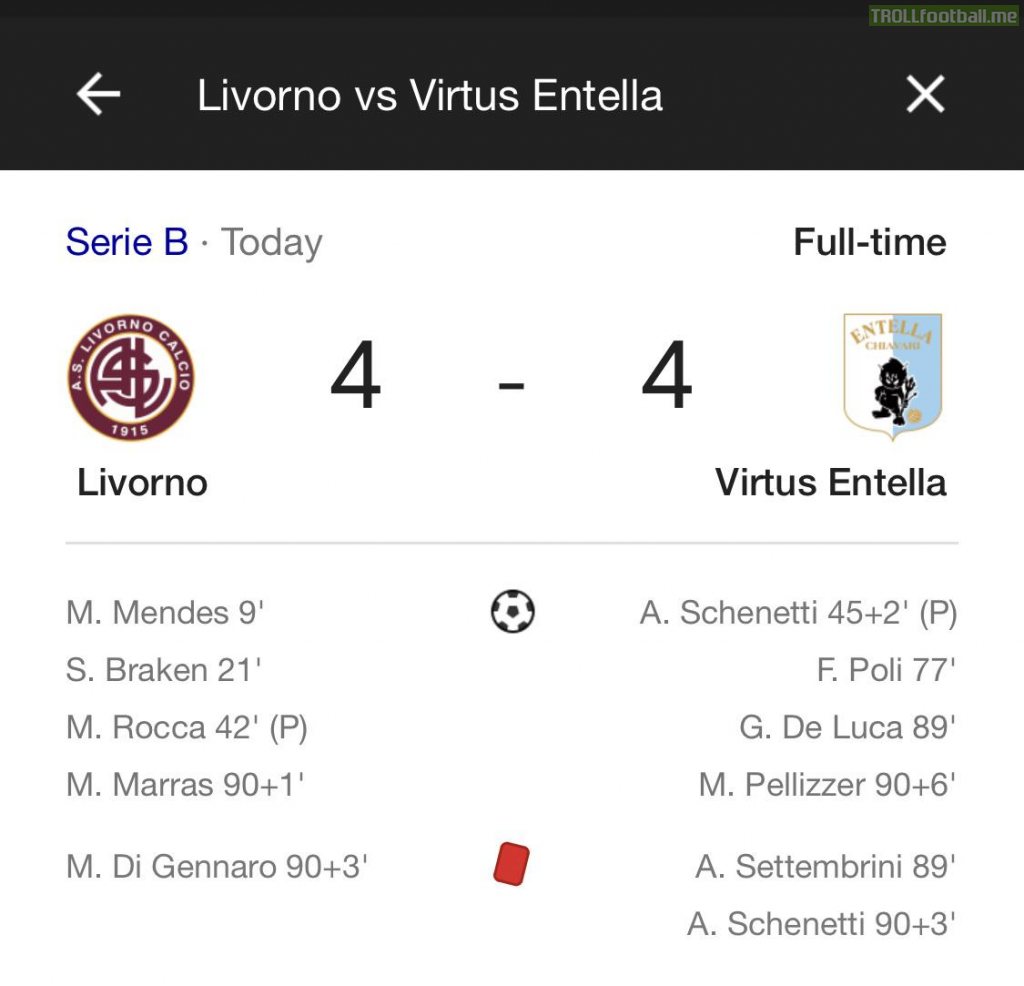 3 red cards handed out, with 2 goals in stoppage time between Livorno and Virtus Entella in Serie B