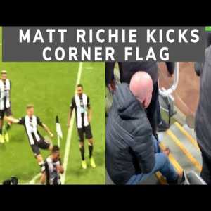 Matt Ritchie kicking corner flag after goal and injuring fan to balls. View from the stand