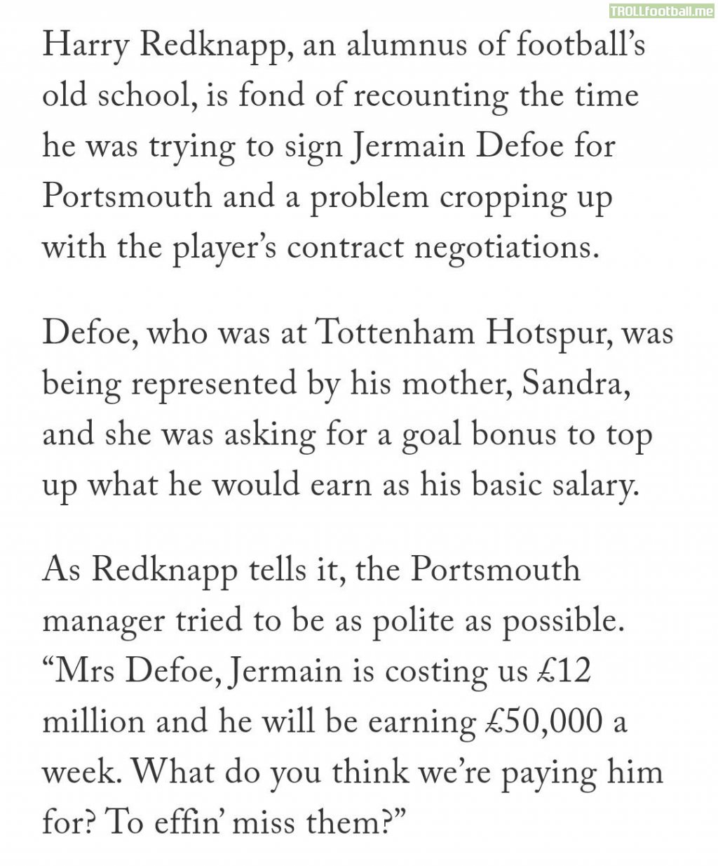 Redknapp on signing Defoe for Portsmouth. Courtesy of The Athletic