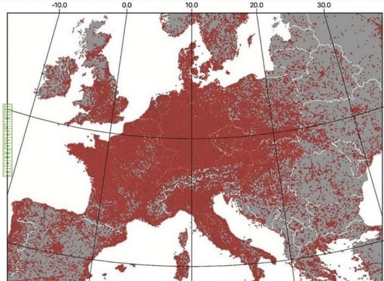 Germany and France are just jam packed. A red dot denote a football field.