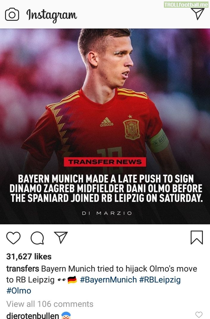 RB Leipzig's Official Account commented with the emoji '🤡' on a post about Bayern hijacking Dani Olmo's deal.