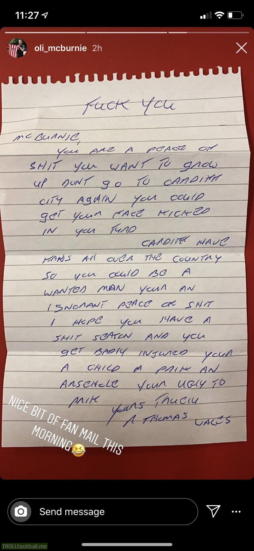 Sheffield United’s Oli McBurnie with an interesting piece of fan mail this morning