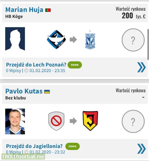 Ridiculous scenes during winter transfer window in Polish Ekstraklasa. Lech Poznan is being linked with loaning Marian Huja and Jagiellonia Bialystok shows interests in getting Pavlo Kutas. Both of their surnames are synonyms of a word "penis".