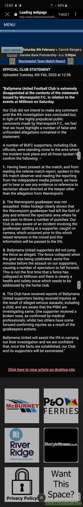 Ballymena United issue statement regarding incident with violent scenes at Warrenpoint Town FC in Irish Cup on Saturday.