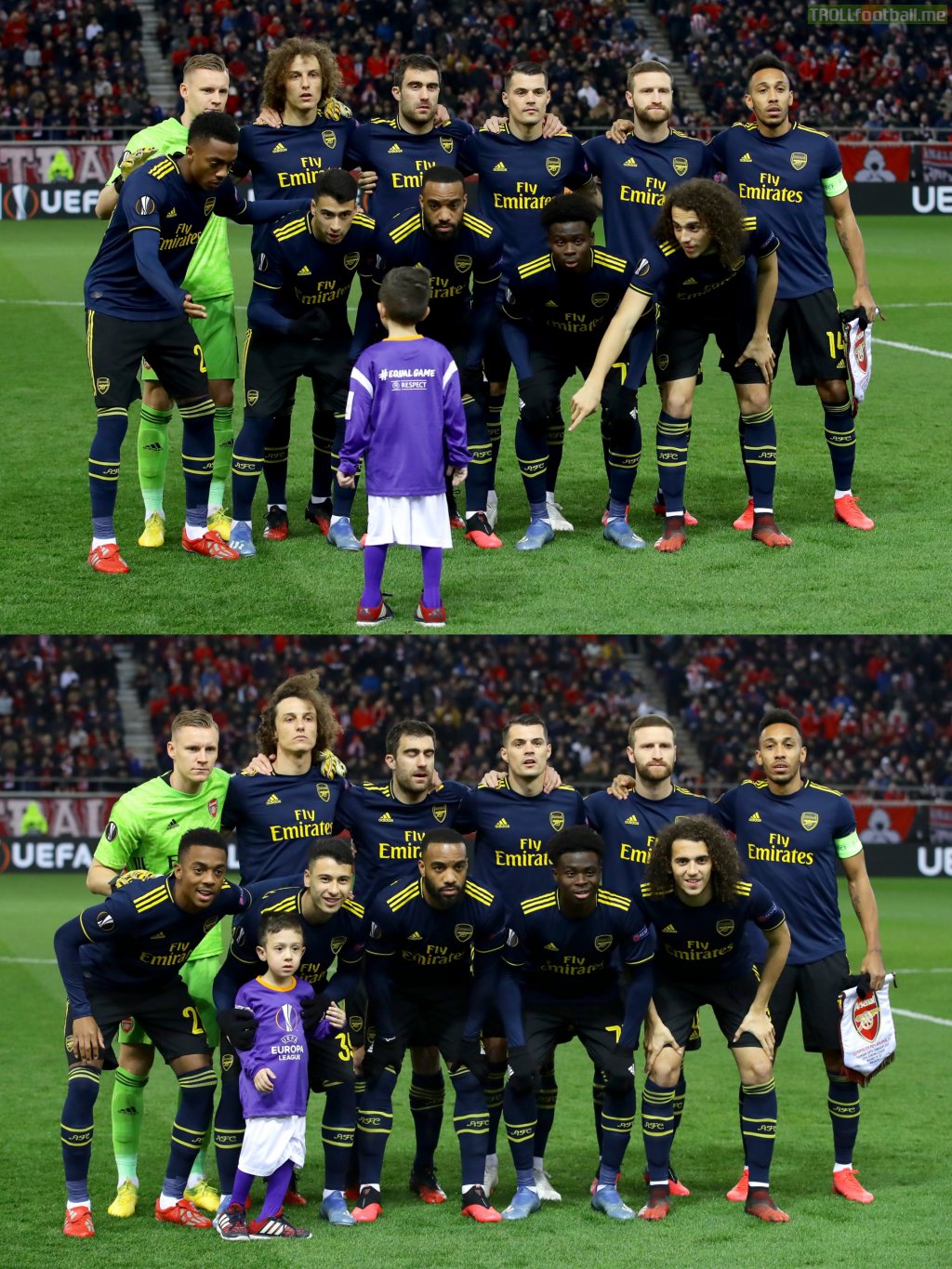 Confused mascot doesn't know where to go after the pre-match walk-out. Gets pulled into the Arsenal team picture.