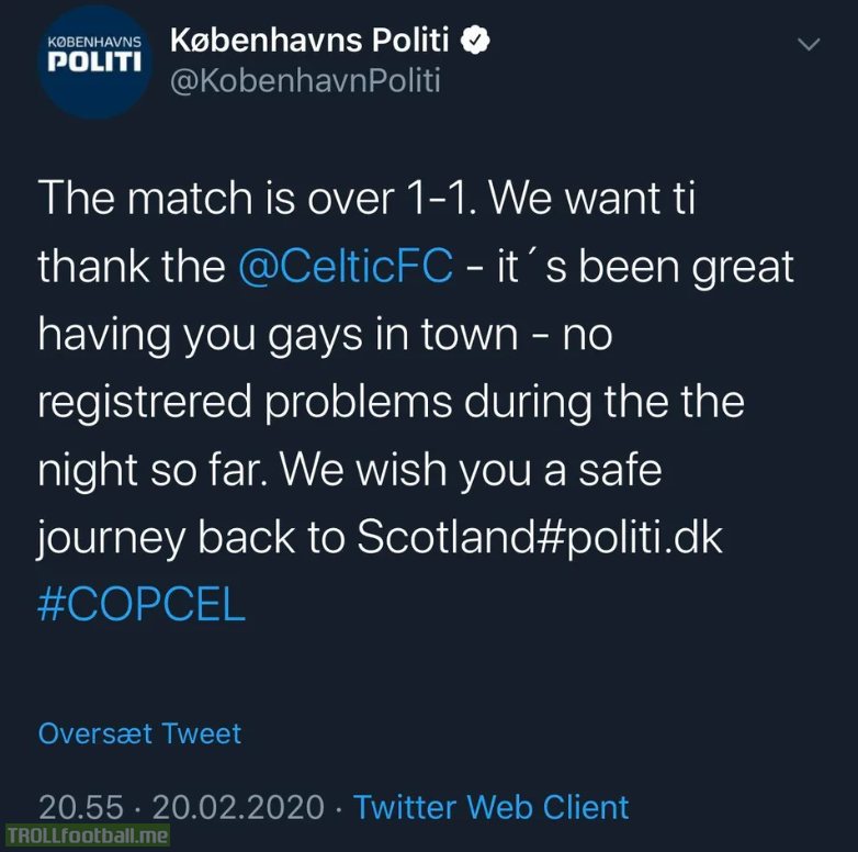 Wholesome tweet from the police of Copenhagen following Copenhagen - Celtic