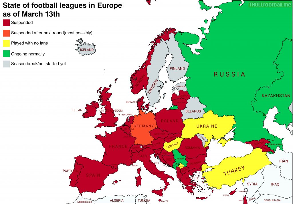 State of football leagues in Europe as of March 13th. UPDATED: Added Premier League and Cyprus league to suspended countries as of today.