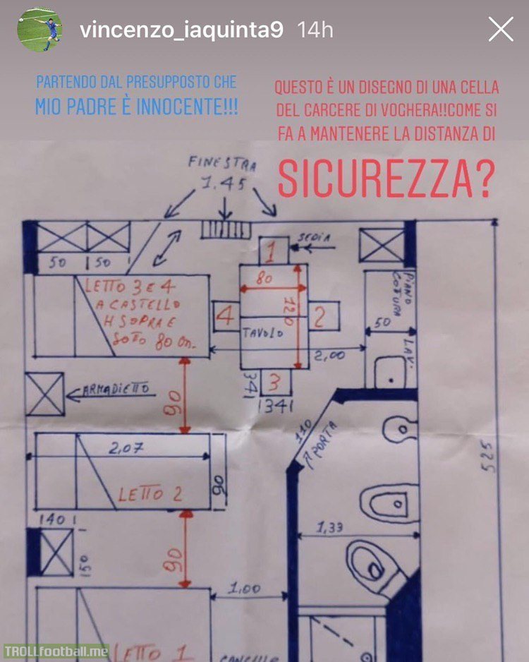 Former Juventus and Italy forward Vincenzo Iaquinta on Instagram: 'Starting from the assumption that my father is innocent, this is the plan of the prison in Voghera. How do they maintain the safety distance in there?'. Iaquinta's father was found guilty of mafia association (19 yrs in prison)