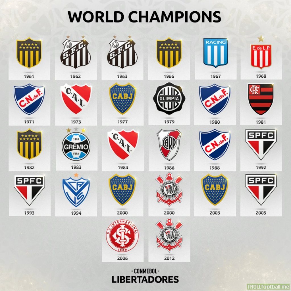 The 15 South American Club World champions [Brazil= 10, Argentina= 8, Uruguay= 6, Paraguay= 1]