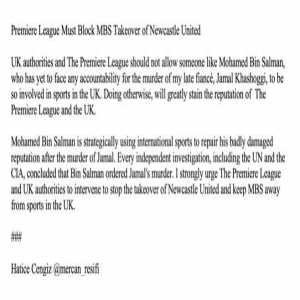 Khashoggi's widow, Hatice Cengiz's statement on NUFC's takeover