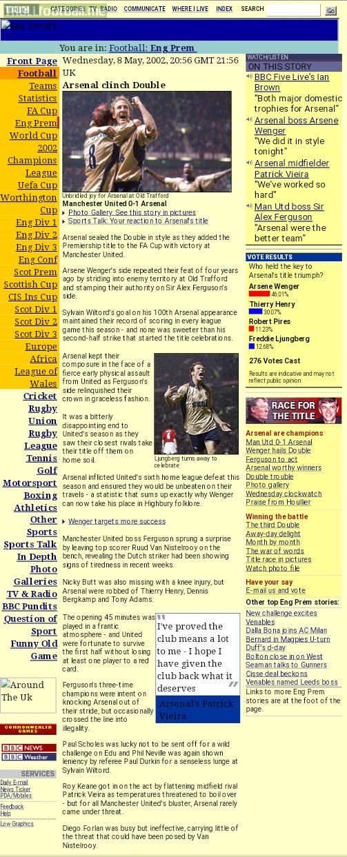 Stumbled upon a BBC article from May 2002 of Arsenal's win at Old Trafford. Web designing has come a long way since.