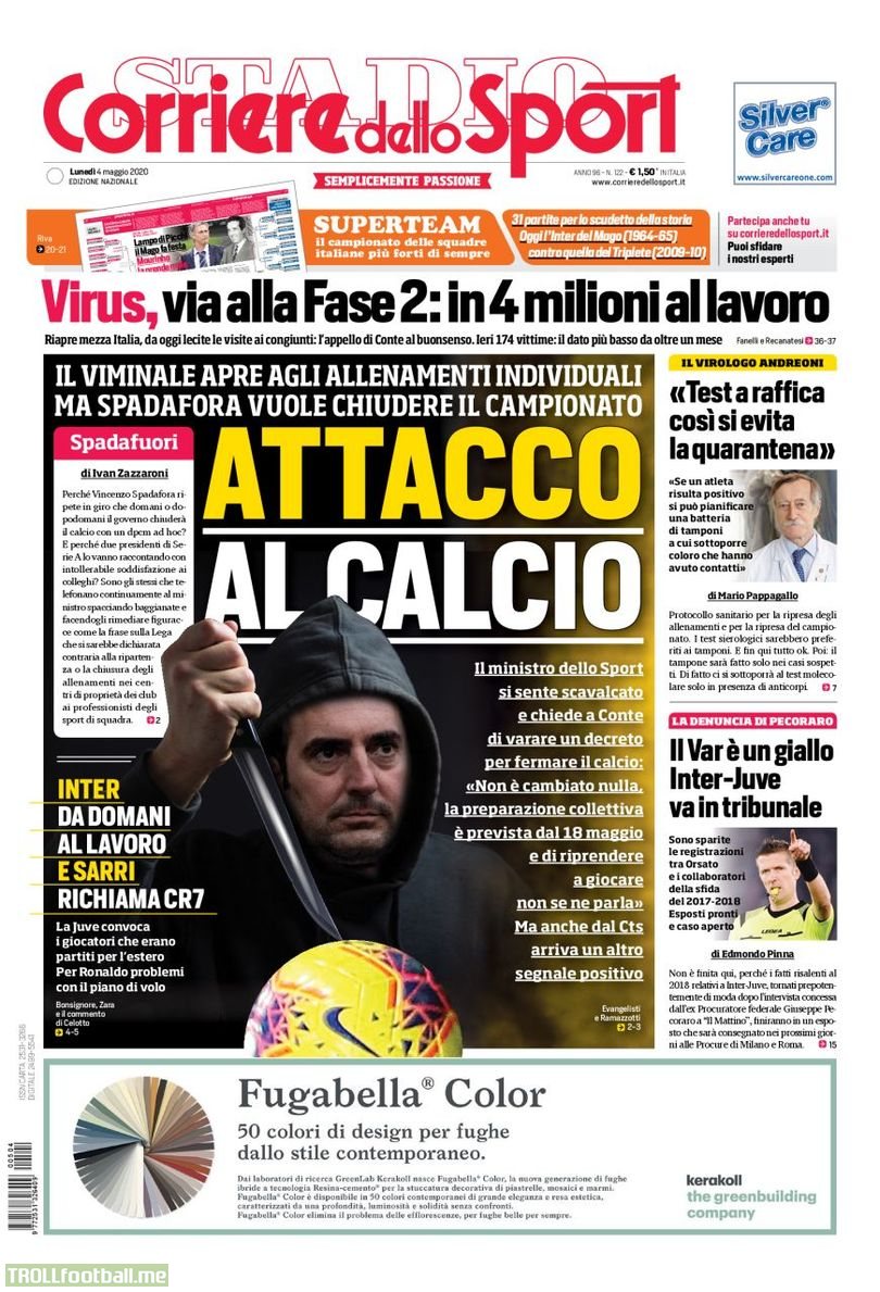Corriere dello Sport's first page of today depicts Italian Sports Minister Vincenzo Spadafora trying to stab a football: 'Attack on football'