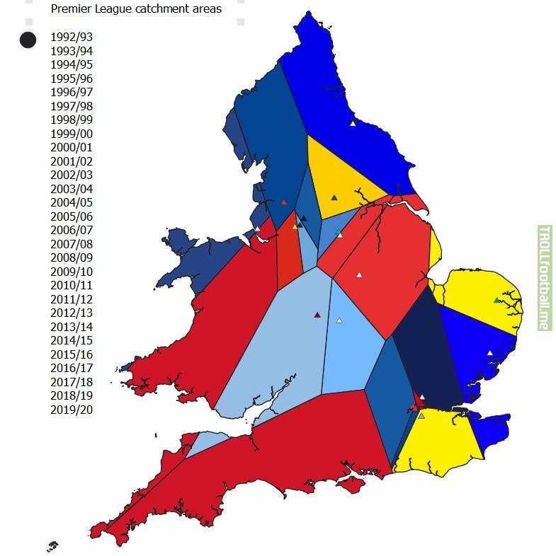 Voronoi diagram of Premier League clubs over time (England and Wales divided by nearest PL club in a given year)
