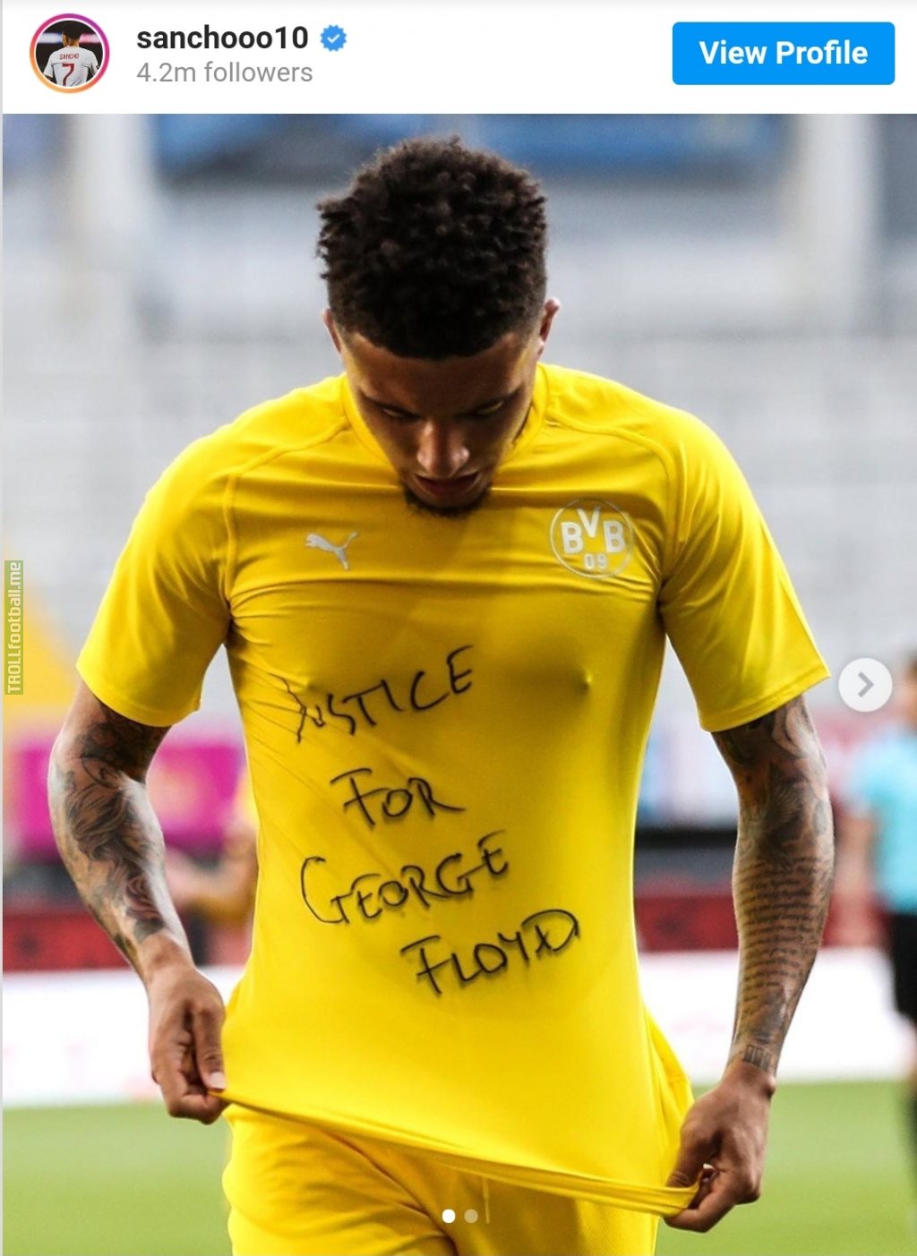Jadon Sancho leads football's calls for 'Justice for George Floyd' Jadon Sancho broke an English and a Bundesliga record on Sunday, as the Borussia Dortmund winger scored a hat-trick in a 6-1 rout of Paderborn. But his celebration made as many headlines. By OmniSport 1st Jun 2020