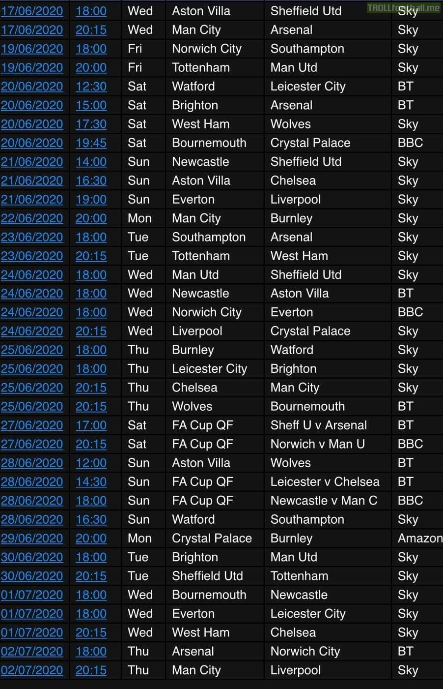 KO times (GMT) for the opening fixtures of the Premier League