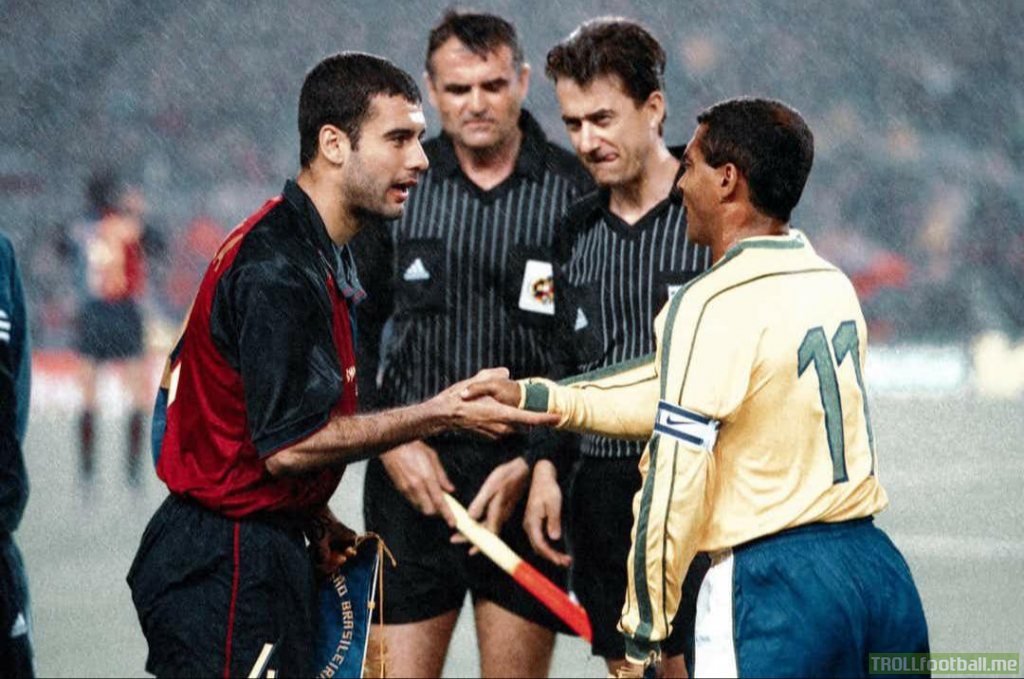 Pep Guardiola and former Barça striker Romário captaining Barcelona and Brazil respectively in a friendly match at the Nou Camp, 1999.