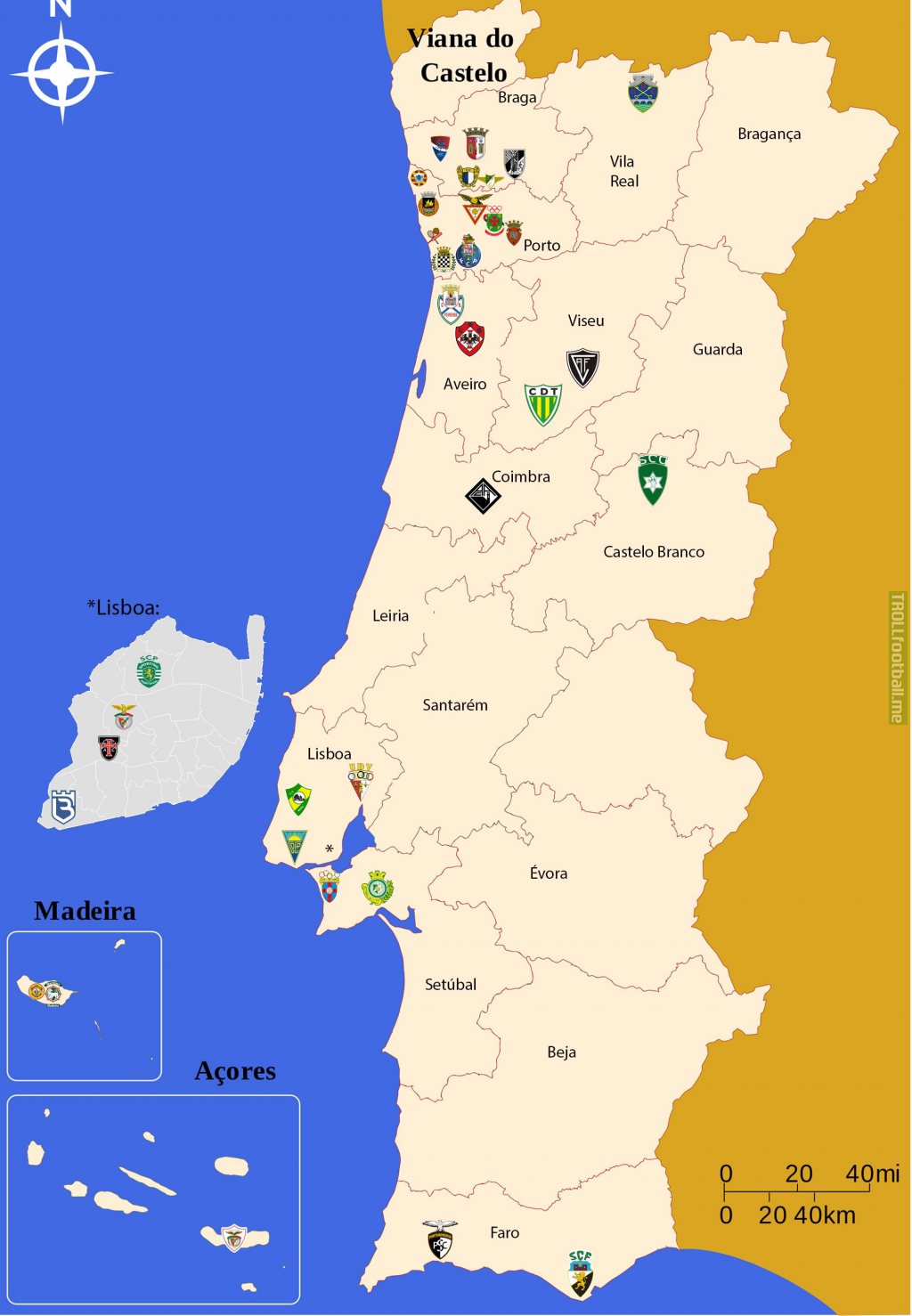 [OC] Location of every club in Portugal's top two tiers