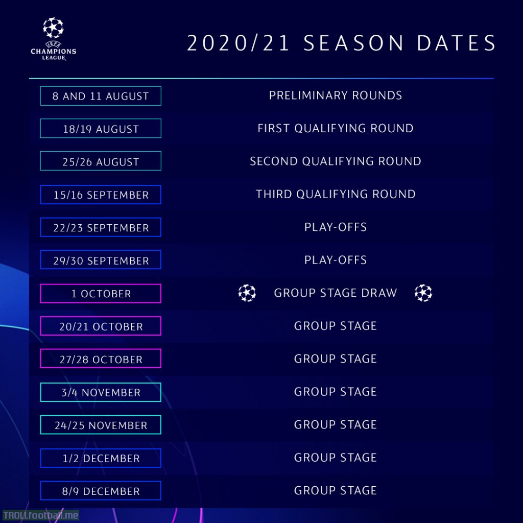 Official 2020/21 UCL Season Dates