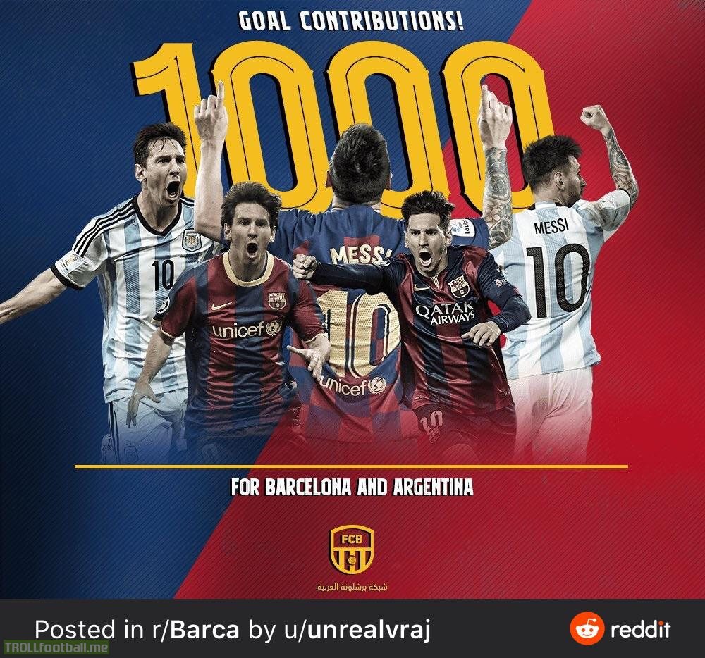 #Messi1000 - Messi has now been directly involved in 1000 goals in his senior career for Barcelona and Argentina (703 goals and 297 assists)