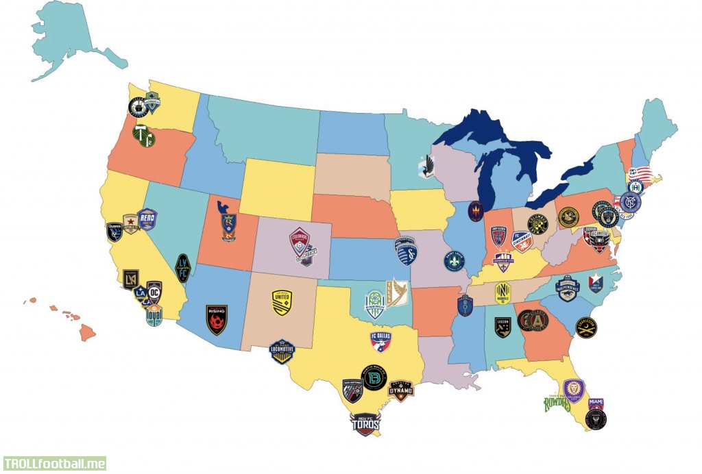 I made a map with all MLS and USL Championship clubs for the 2020 season