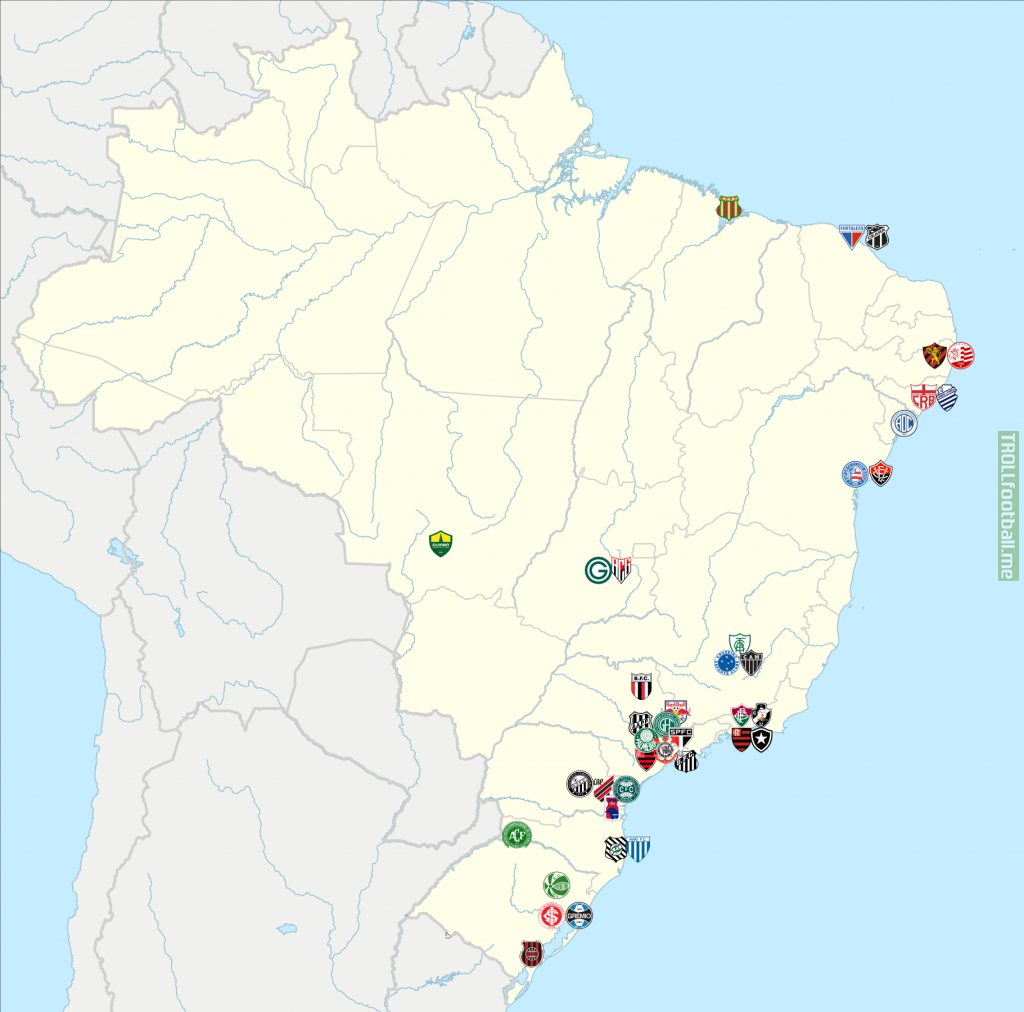 Location of all of the teams in the Brazilian 1st and 2nd divisions