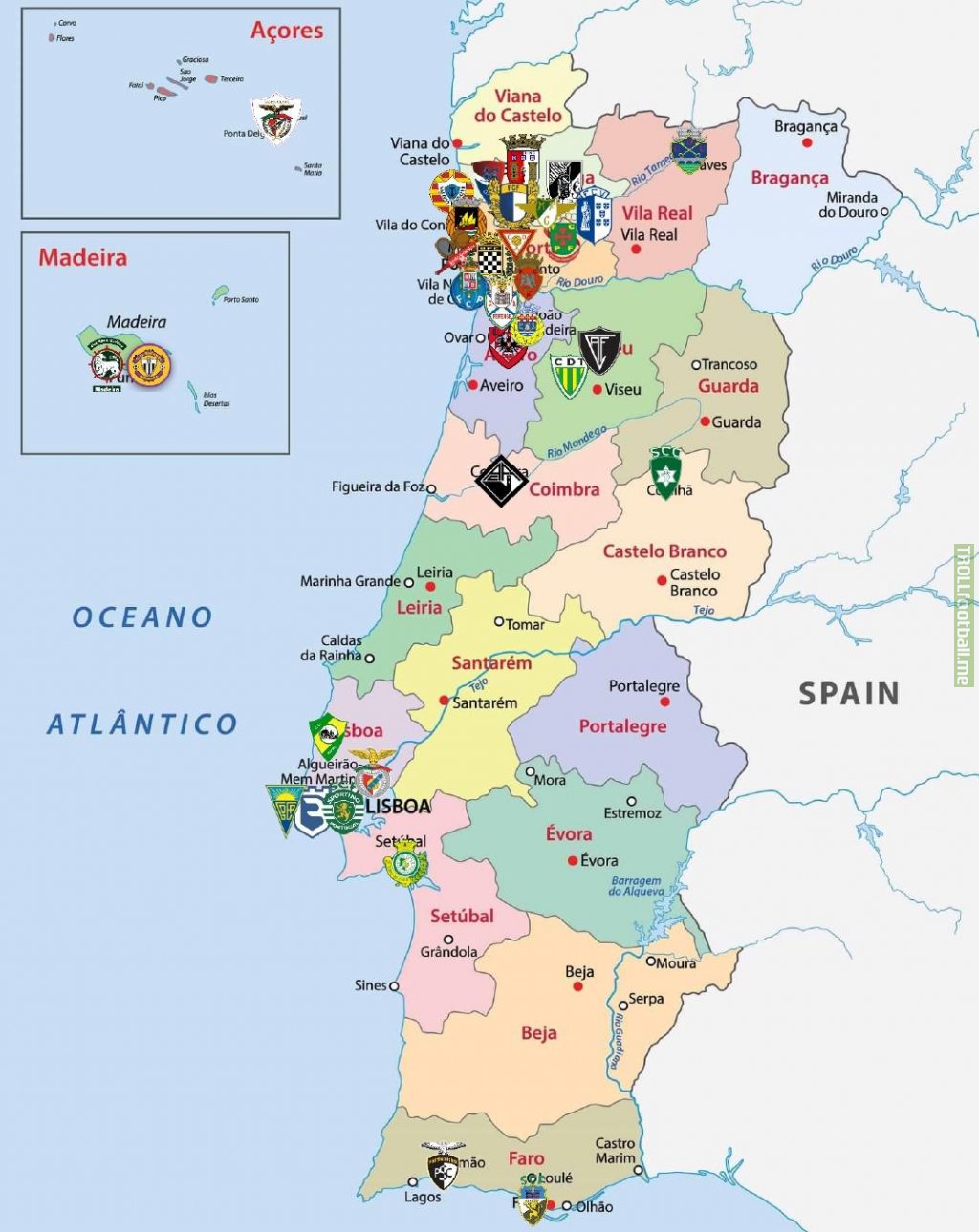 Map of Portuguese clubs for 1st and 2nd tier in 2020/2021